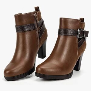 Mysoft Women’s Side Zipper Brown PU Booties with a Chunky Stacked 3in Heel